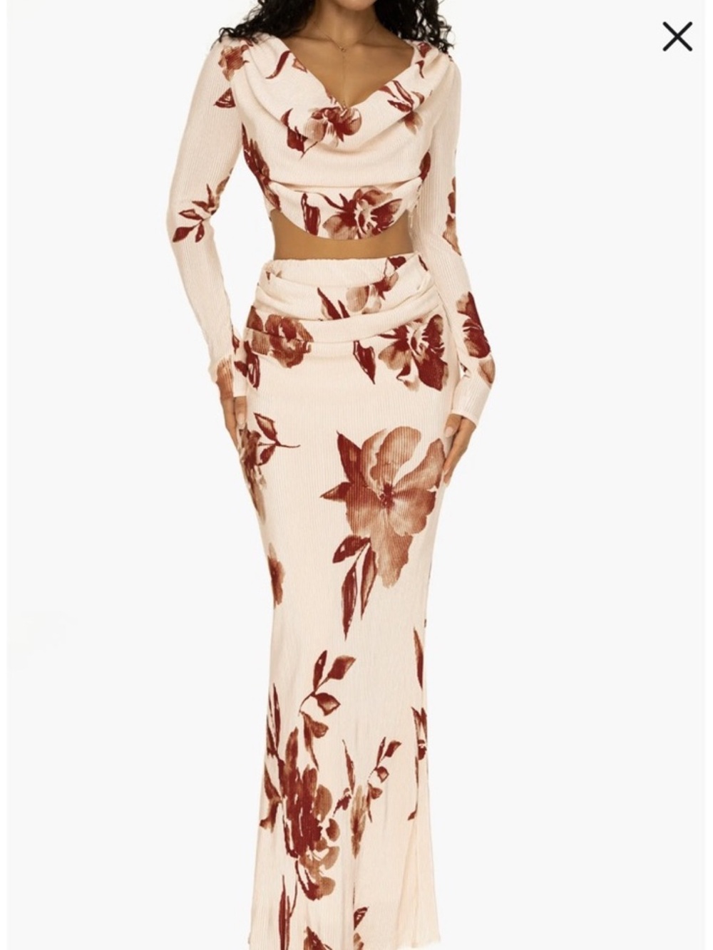 JLUXLABEL Floral Print Cream Maxi Crop Top & Skirt Set SMALL